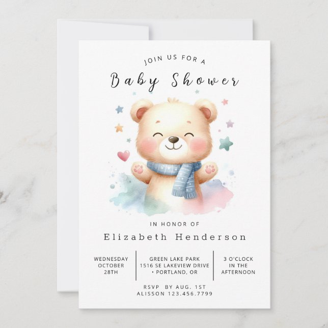Convites Chá de fraldas de Urso Personalizado Boho (Frente)