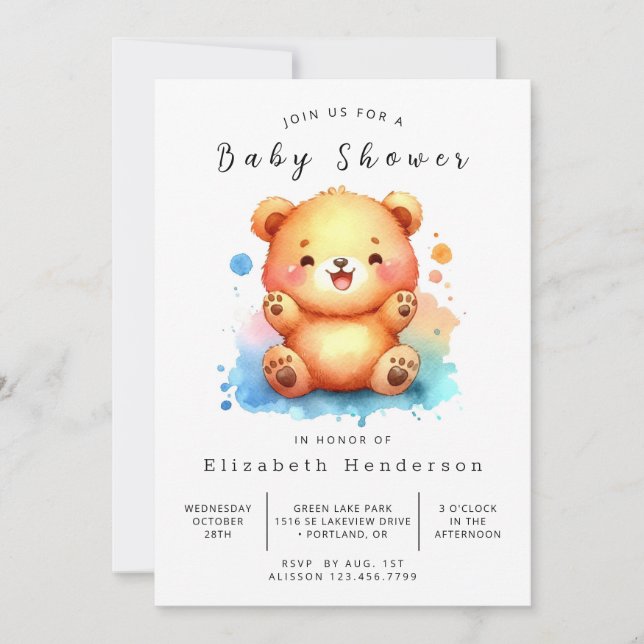 Convites Chá de fraldas de Urso Personalizado Encantado (Frente)
