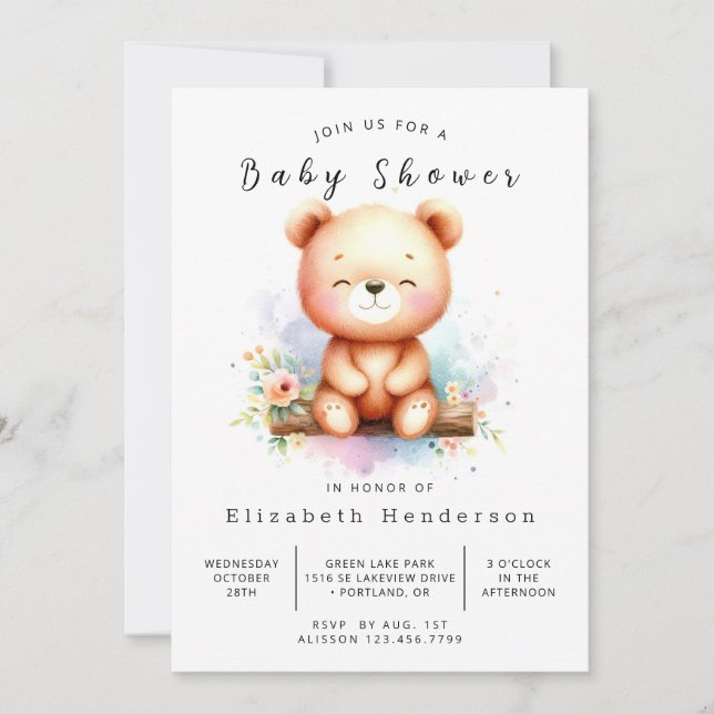 Convites Chá de fraldas de Urso Personalizado na moda (Frente)