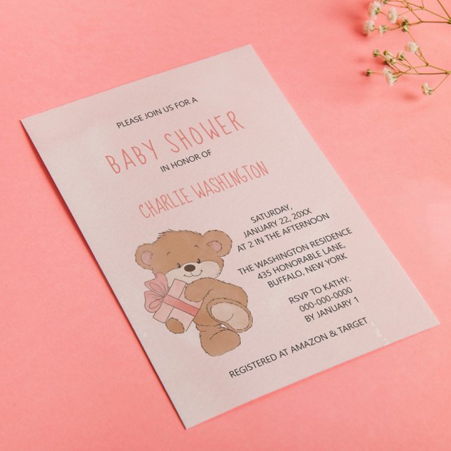 Convites Chá de fraldas de Urso Simples, Cor-de-Água, Rosa (Criador carregado)