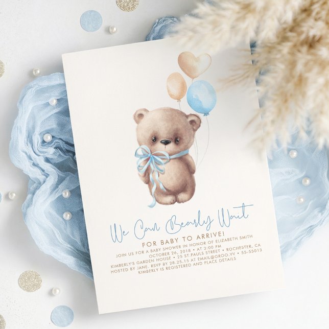 Convites Chá de fraldas de Urso Vermelho Claro Castanho e A (We Can Bearly Wait - Dusty Blue and Beige Elegant Cute Baby Boy Baby Shower Invitation)