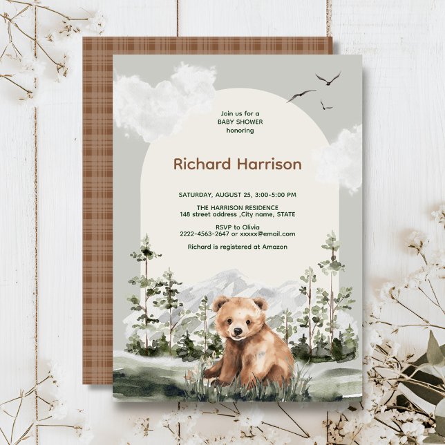 Convites Chá de fraldas de ursos bonitos (Adventure awaits cute watercolor bear, green forest, woodland theme baby shower invitation )