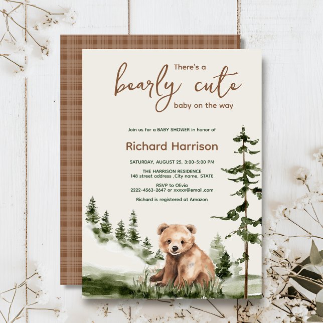 Convites Chá de fraldas de ursos bonitos (Adventure awaits cute watercolor bear, green forest, woodland theme baby shower invitation )