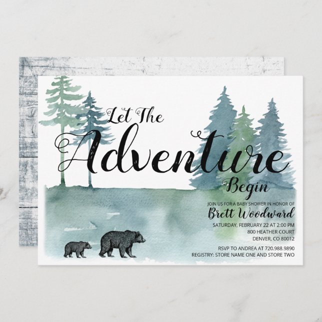 Convites Chá de fraldas de Ursos da Floresta de Aquarela (Frente/Verso)