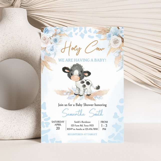 Convites Chá de fraldas de vaca azul (Boy Highland Cow Baby Shower Invitation)