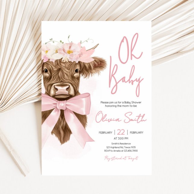Convites Chá de fraldas de Vaca Floral Rosa (Coquette Highland Cow Baby Shower Invitation)