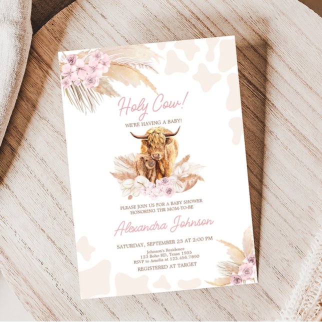 Convites Chá de fraldas de Vaca Rosa Highland (Girl Holy Cow Baby Shower Invitation)