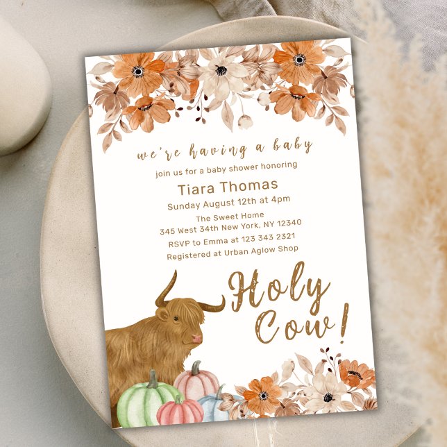Convites Chá de fraldas de Vaca Santa Floral (Holy Cow Floral Fall Highland Cow Baby Shower Invitation)