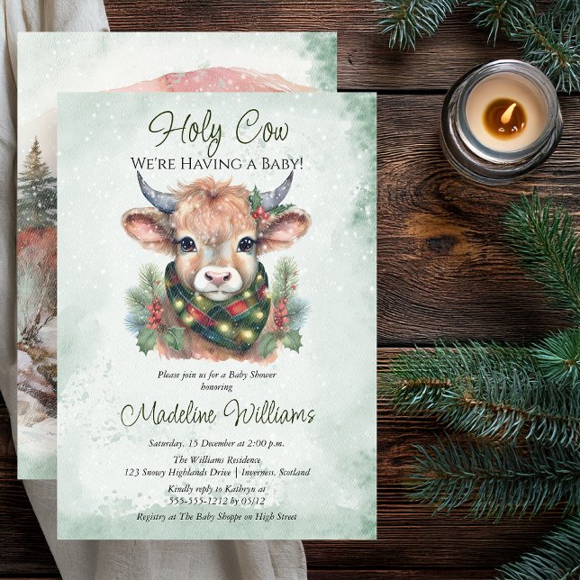 Convites Chá de fraldas de Vaca Santa no Feriado do inverno (Winter Holiday Highland "Holy Cow" Evergreen Baby Shower Invitation - Print | Digital Download)