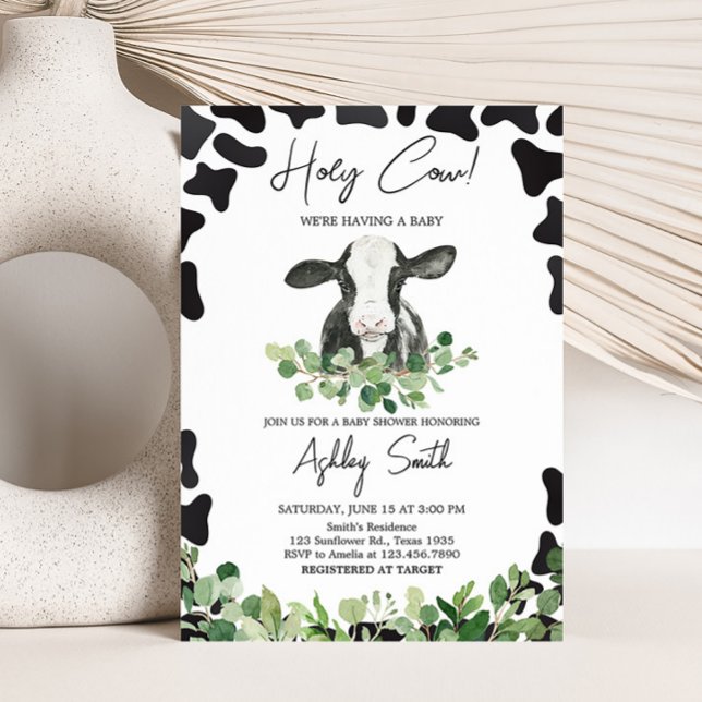 Convites Chá de fraldas de vaca verde-sagrado (Gender Neutral Highland Cow Baby Shower Invitation)