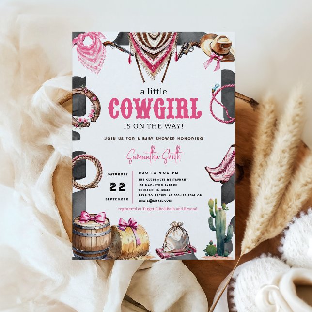 Convites Chá de fraldas de Vaqueira Pink-d'Água (Western Pink Wild West Country Watercolor Coquette Cowgirl Rodeo Baby Shower Invitation)