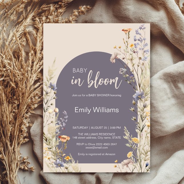 Convites Chá de fraldas de vassoura elegante de flores silv (A little wildflower elegant rustic boho watercolor baby shower invitation, baby in bloom)