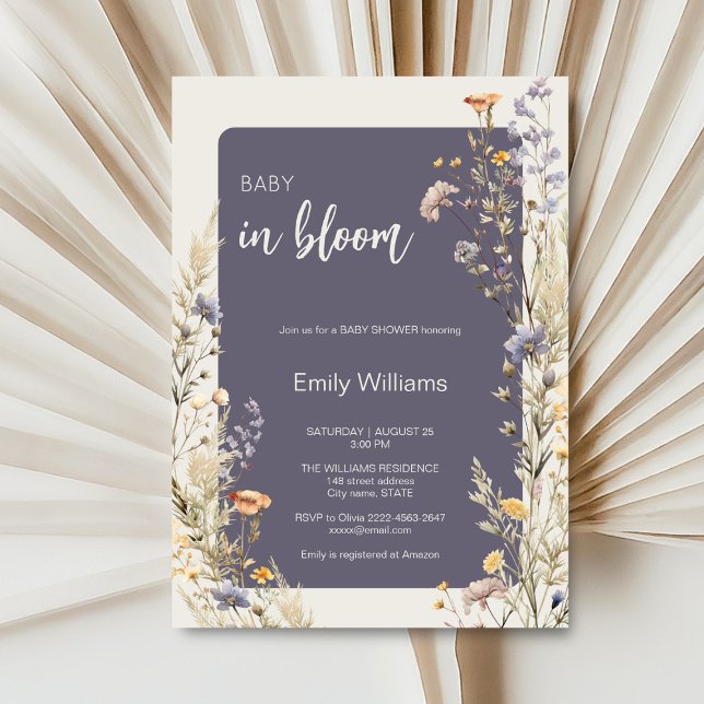 Convites Chá de fraldas de vassoura elegante de flores silv (A little wildflower elegant rustic boho watercolor baby shower invitation, baby in bloom)