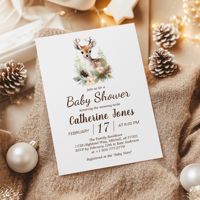 Convites Chá de fraldas de Veado da Madeira (Woodland Deer Animal Baby Shower Invitation)