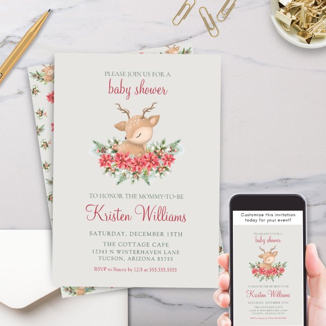 Convites Chá de fraldas De Veado De Inverno Poinsettia Cute (Beige green and red gender neutral little deer christmas winter theme baby shower invitations)