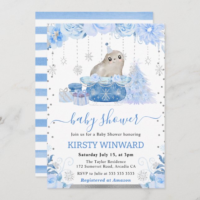 Convites Chá de fraldas de vedais do Ártico Floral de Aquar (Frente/Verso)