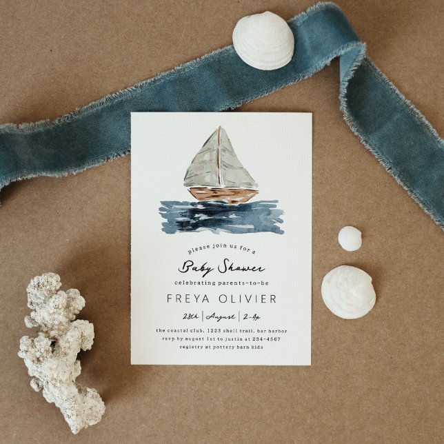 Convites Chá de fraldas de veleiro náutico náutico (Blue nautical watercolor sailboat modern baby shower invitation.)