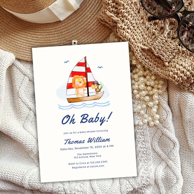 Convites Chá de fraldas de veleiro náutico náutico selvagem (Whimsical Nautical Wild Lion Sailboat Baby Shower Invitation)