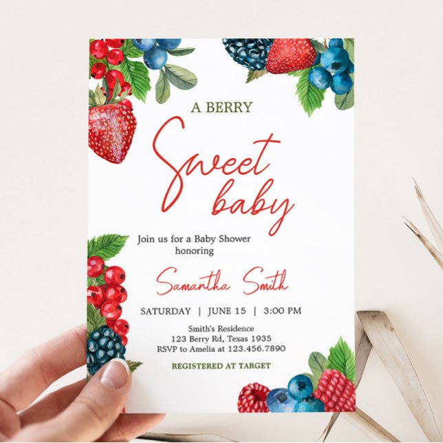 Convites Chá de fraldas de Verão Berry Sweet (Red and Blue Berries Baby Shower Invitation)