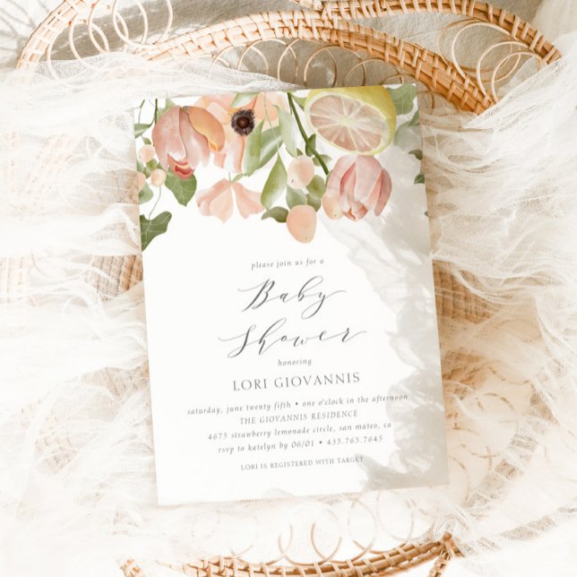 Convites Chá de fraldas de Verão de Limonada Rosa Moderna (Criador carregado)