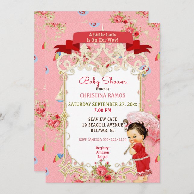 Convites Chá de fraldas de Verão de praia Victoriana (Frente/Verso)