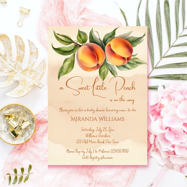 Convites Chá de fraldas de verão de primavera de pêssego do (Sweet little peach spring summer garden baby shower invitation template digital download orange)