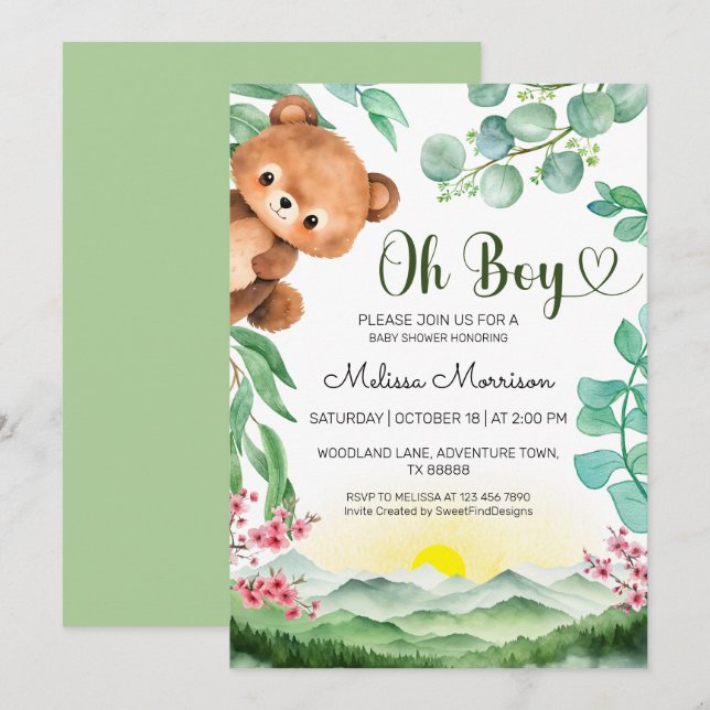 Convites Chá de fraldas de Verão do Boy Bear (Frente/Verso)