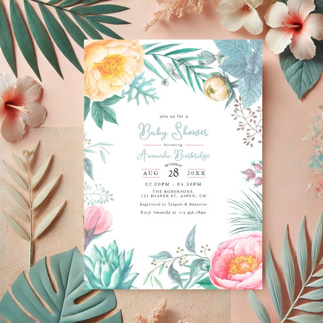 Convites Chá de fraldas de Verão Tropical de Pastel Dusty (Dusty Pastel Tropical Floral Summer Baby Shower Invitation)