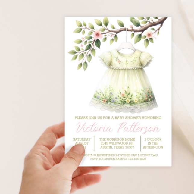 Convites Chá de fraldas de Vestido de Flor Selvagem em Spri (Wildflower dress spring baby shower invitation. Instant download and printed invitations available.)