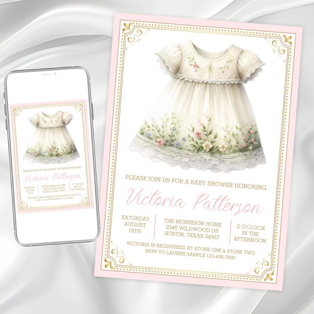 Convites Chá de fraldas de Vestido de Flor Selvagem Rosa Es (Blush dainty dress baby shower invitation. Instant download and printed invitations available.)