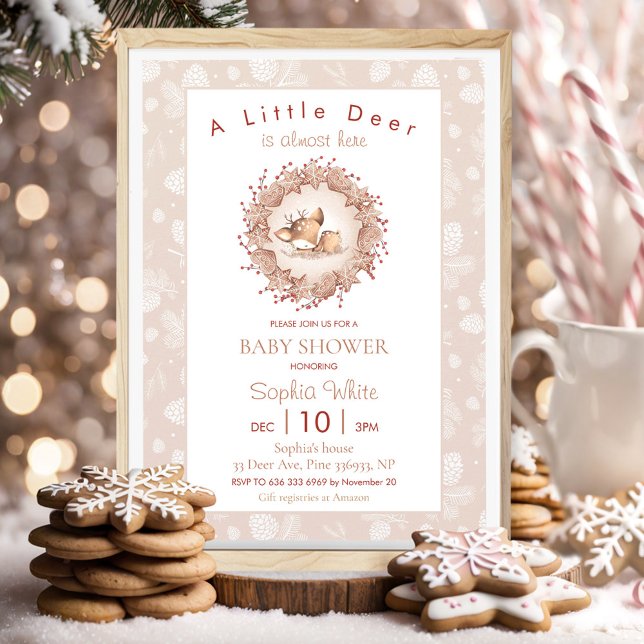 Convites Chá de fraldas de vinho neutro de inverno de Natal (Christmas Winter Neutral Beige Baby Shower Deer Invitation)