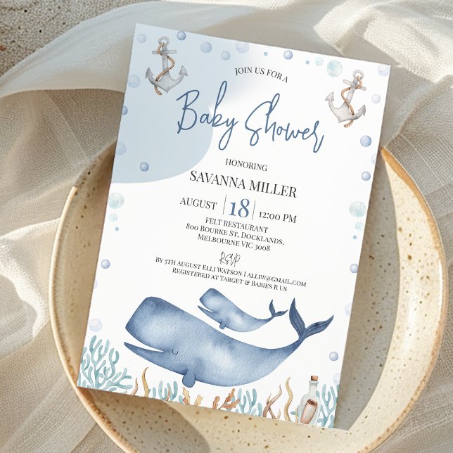 Convites Chá de fraldas de vitelo de baleia azul (Whale Baby Shower Invitation Boy, Whale Calf Baby Shower Invite, Ocean Under the Sea Baby Shower)