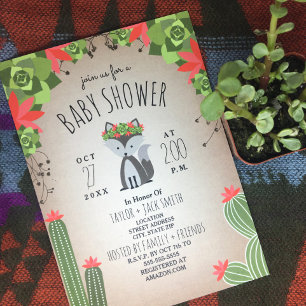 Convites Chá de fraldas de Wolf Pup Floral Cactus Desert Gi