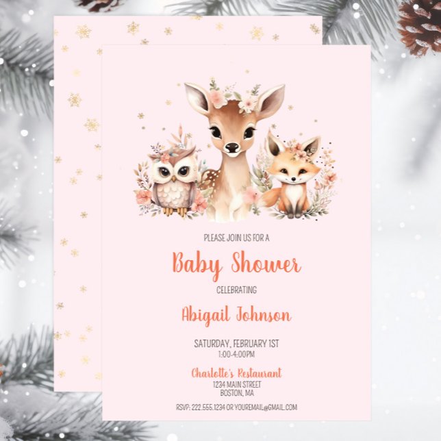 Convites Chá de fraldas de Wonderland de inverno, Pink Wood (Pink Snowflake Woodland Baby Shower Invitation, Deer Owl Fox, Baby Girl Shower, Script Whimsical)