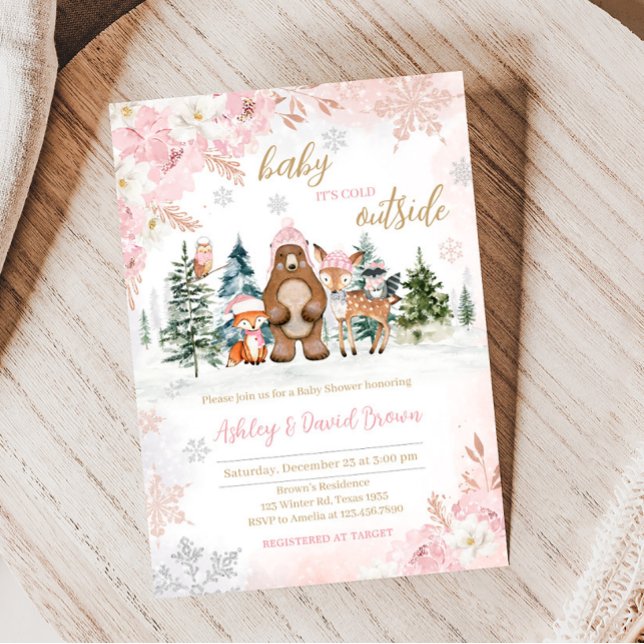 Convites Chá de fraldas de Woodland (Pink Baby It's Cold Outside Woodland Baby Shower)