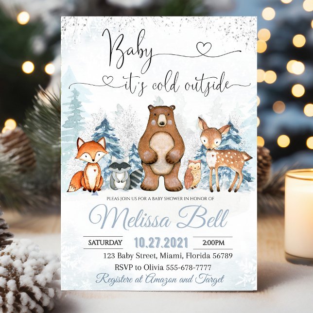 Convites Chá de fraldas de Woodland Animais de inverno (Winter Animals Woodland Boy Baby Shower invitation featuring snowy forest animals like bears, foxes,)
