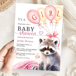 Convites Chá de fraldas de Woodland Raccoon Balões Rosa