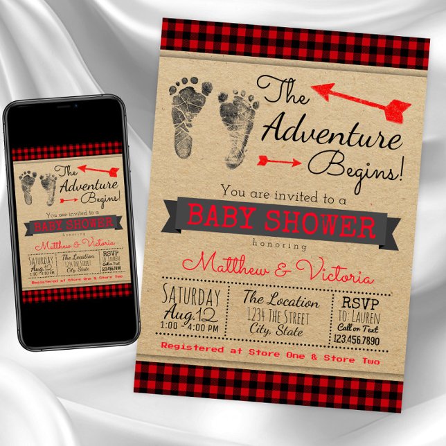 Convites Chá de fraldas de Xadrez de Buffalo (Buffalo plaid baby shower invitation. Instant download and printed invitations available.)