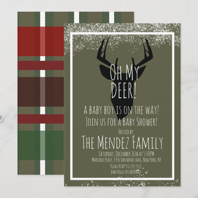 Convites Chá de fraldas de Xadrez de veados de Natal nevado (Frente/Verso)