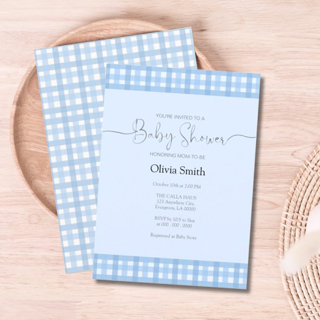 Convites Chá de fraldas de Xadrez Gingham Azul (Blue Gingham Plaid Baby Shower Invitation)