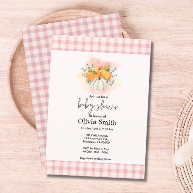 Convites Chá de fraldas de Xadrez rosa para abóbora (Pumpkin Pink Plaid Baby Shower Invitation)