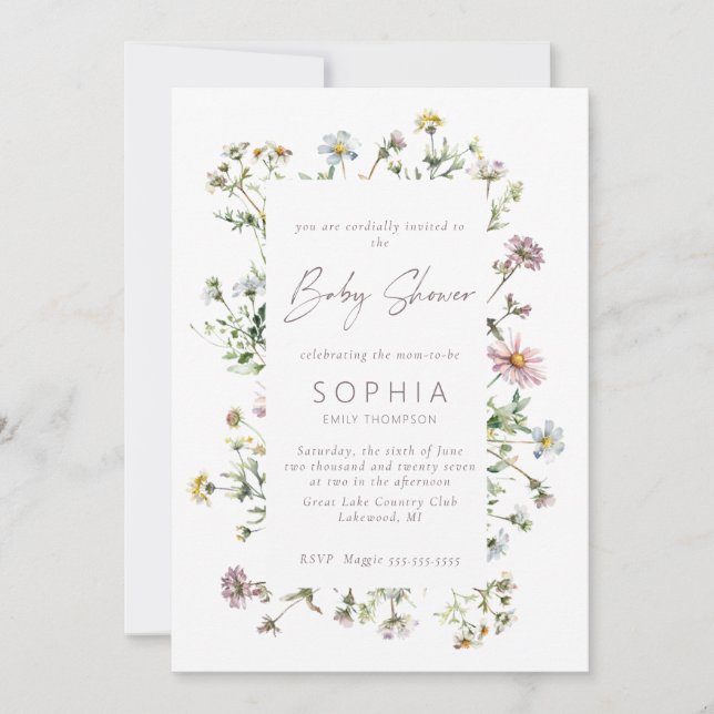 Convites Chá de fraldas delicado de flor silvestre (Frente)