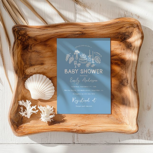 Convites Chá de fraldas desenhado de mão azul (Criador carregado)