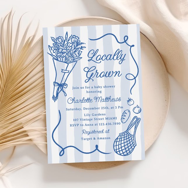 Convites Chá de fraldas Desenho da Mão Azul Cultivado Local (Criador carregado)