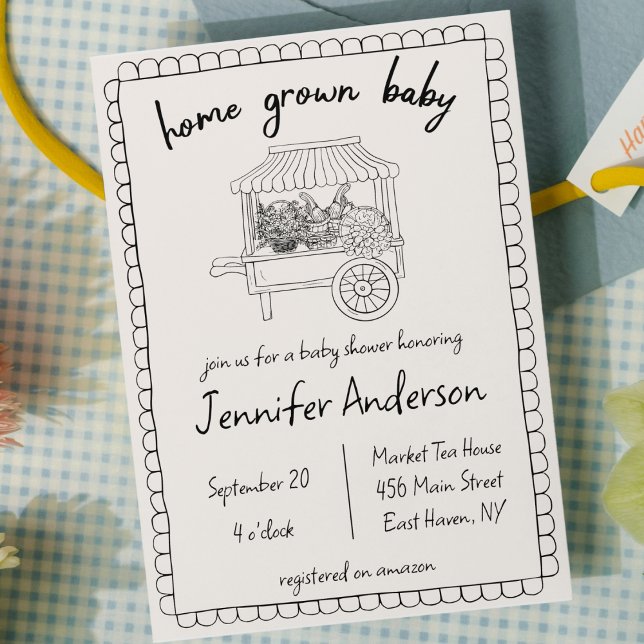 Convites Chá de fraldas Desenho Da Mão Do Bebê Em Casa (home grown baby shower farmers market invitation hand drawn scribble doodle invite gender neutral )