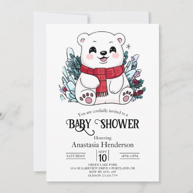 Convites Chá de fraldas digital do Urso Polar bonito da Nev (Frente)
