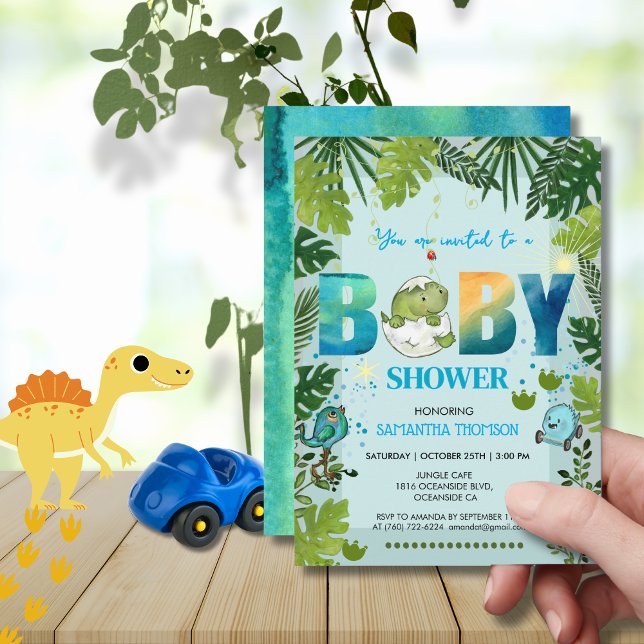 Convites Chá de fraldas Dino e Folhas Tropicais de Aquarela (Watercolor Dino & Tropical Leaves Baby Shower Invitation)