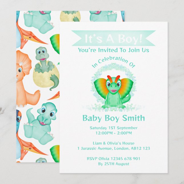 Convites Chá de fraldas Dino Watercolor Dinosaur (Frente/Verso)