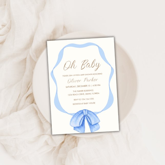 Convites Chá de fraldas do Arco de Imagem Simples Azul (Blue Simple Vintage Bow Frame Boy Baby Shower Invitation)