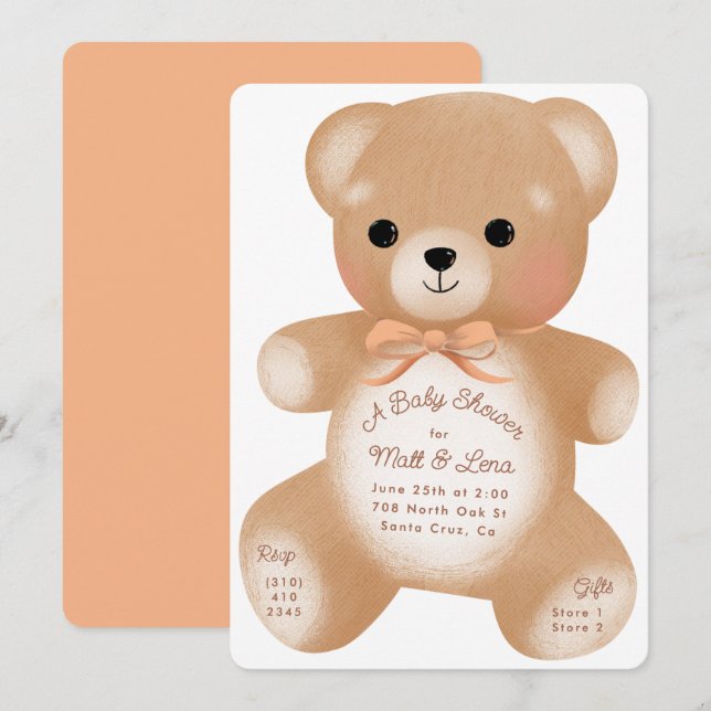 Convites Chá de fraldas do Arco de pêssego do ursinho (Frente/Verso)